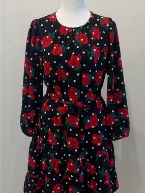 kate spade Black Floral Polka Dot Midi Dress with Red Roses
